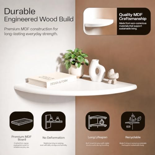 White Corner Floating Shelves for Wall Set of 4, Rounded Wood Wall Mounted Corner Shelf with Hardware, Space Saving Deco