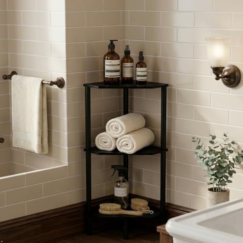 Black Corner Bathroom Shelf, 3 Tier Bamboo Kitchen Corner Shelves, Display Shelf, Shower Corner Caddy, Indoor Plant Stan
