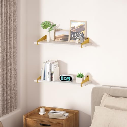 upsimples Wall Shelves for Decor, Long White Gold Floating Shelves Wall Mounted Set of 2, Sturdy Rustic Wood Shelves Han