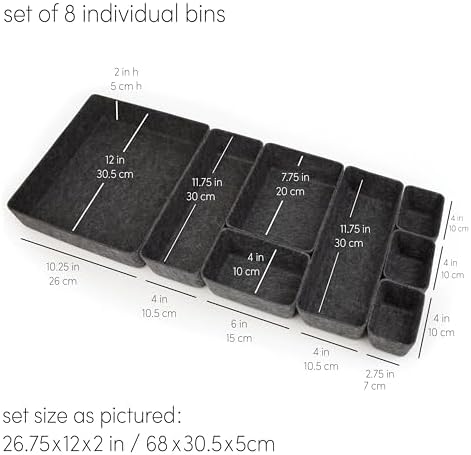 Three by Three Seattle Recycled Felt Storage Bins, Set of 8 (Charcoal)