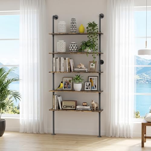 Merapi 5 Tier Rustic Industrial Pipe Floating Wall Shelves