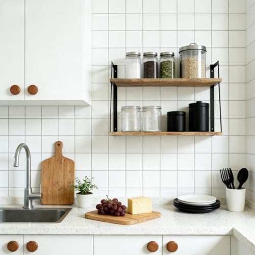 SRIWATANA Carbonized Black 2-Tier Floating Shelves, Wood Wall Storage Shelf