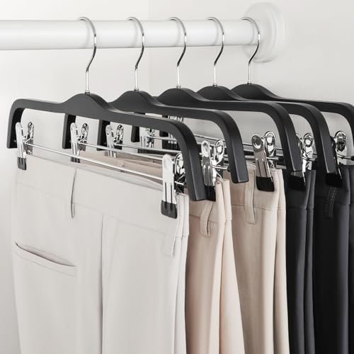 TOPIA HANGER Wooden Pants Hangers,Slim Natural Wood Skirt Hangers with Anti-Rust Hook and Adjustable Metal Clips, Perfect for Skirts,Pants,Slacks-10 Pack-CT17B