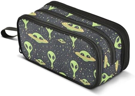 Green Aliens Space Pencil Case Box Boys Girls Large Pencil Pouch Zipper Compartments Big Capacity Stationery Pen Bag Organizer for Kids Teens Adults School Office