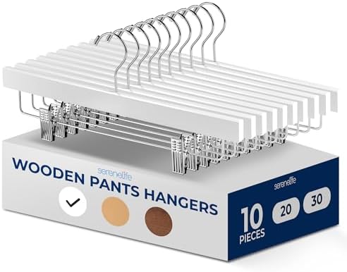 SereneLife Premium Wooden Pants Hangers 10 Pack, Solid 14" Wood Skirt Hangers with 2-Adjustable Clips, Heavy Duty & Anti Slip Wood Bottom Hanger for Slacks, Jeans, Trousers, Shorts (White)