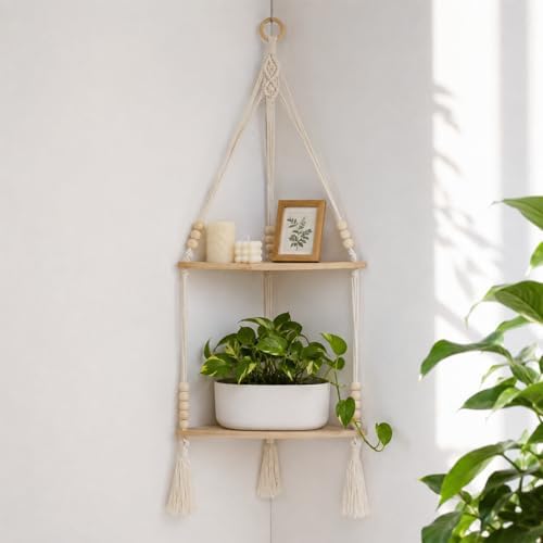 Artilady Macrame Wall Hanging Corner Shelf, Adjust Boho Storage Wall Decor
