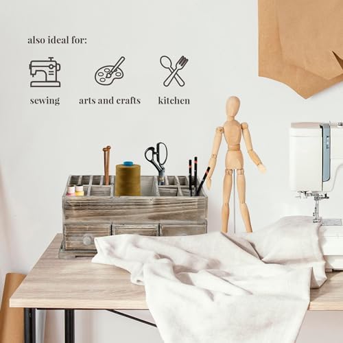 Besti Rustic Vanity Organizer for Cosmetics, Makeup, and Bathroom Accessories, Wooden Farmhouse Storage Box with 3 Drawe