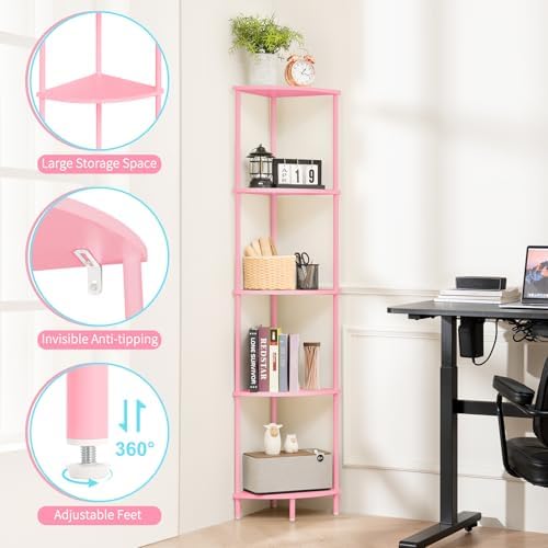 Yoobure Corner Shelf Stand, 5-Tier Bookshelf, 65" Tall Shelves for Bedroom, Living Room, Narrow Display Bookcase, Pink w