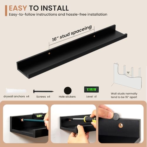 Dreamland Picture Ledge Shelf for Wall, Floating Shelves Set of 2,30 inch Long Floating Shelves with Lip for Living Room,Bedroom,Bathroom,Kitchen,Black