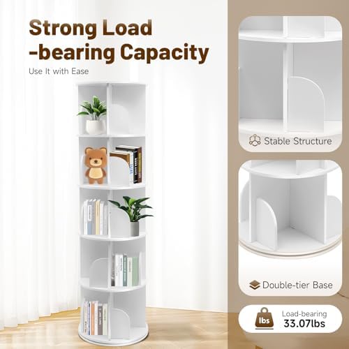 5 Tier Rotating Bookshelf Tower,360°Spinning Bookshelf Tower, Round Revolving Bookcase Organizer, Stackable Rotating Boo