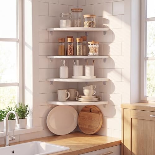 4 Pcs White Corner Floating Shelves for Wall with Cord Hole 10 Inch Rounded Corner Curved Hanging Shelves for Cable Box,
