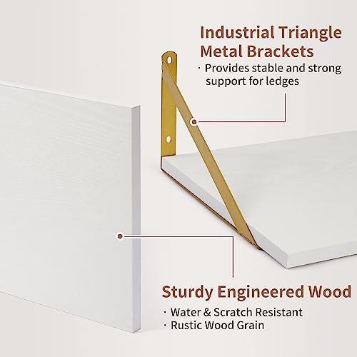 Axeman Deep Floating Shelves for Wall, 12 Inch Deep White and Gold Shelves Set of 2, 16W x 12D White Wood Wall Shelves w