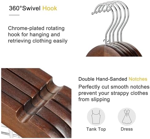 TOPIA HANGER Wooden Suit Hangers with Adjustable Metal Clips (10 Pack), Solid Wood Clothes Hangers, 360° Swivel Hook, Premium Retro Finish Pants Hangers for Clothes Coat, Jeans, Blouse-CT28A