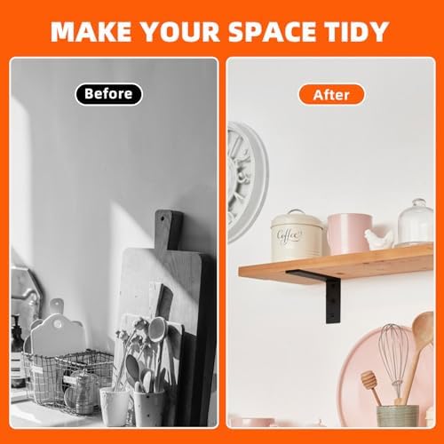 4 Pack Heavy Duty Floating Shelf Brackets, Black Metal L Wall Brackets, DIY Industrial Shelf Brackets - L 8" x H 6" x W 