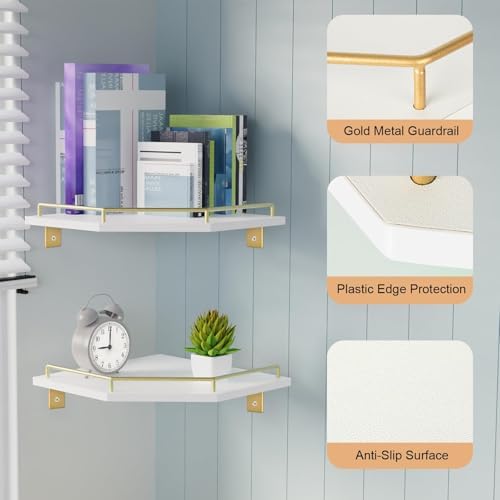 Tirzah White Wall Mount Corner Shelf with Gold Metal Guardrail, 2-Tier 9.5-inch Diamond-Shaped Wood Corner Floating Shel