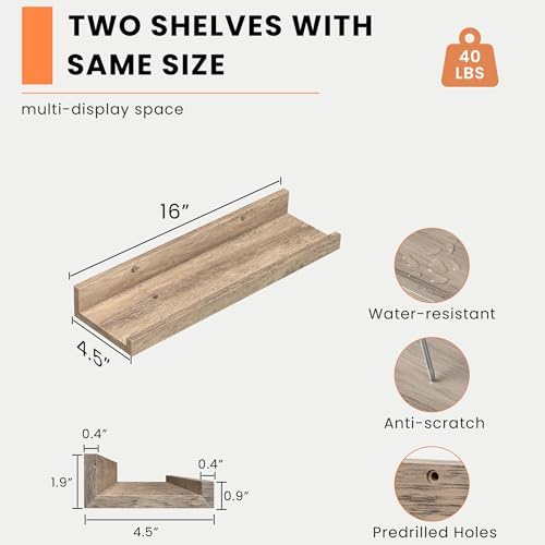 Heimlove Picture Ledge Shelf, Floating Shelves Set of 2, 15.75Inches Picture Shelf for Wall with Ledge, Kids Bookshelf Wall Mounted for Living Room Bedroom Decor Books Photo Frames - Gray