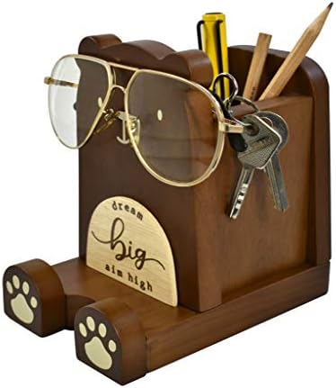 I'm Wood Multipurpose Eyeglass Phone Pen & Pencil Holder Stand Stationery Desk Box Organizer Accessories, Home Office Desktop Decor Birthday Graduation Gifts “Dream Big Aim High”(Bear)