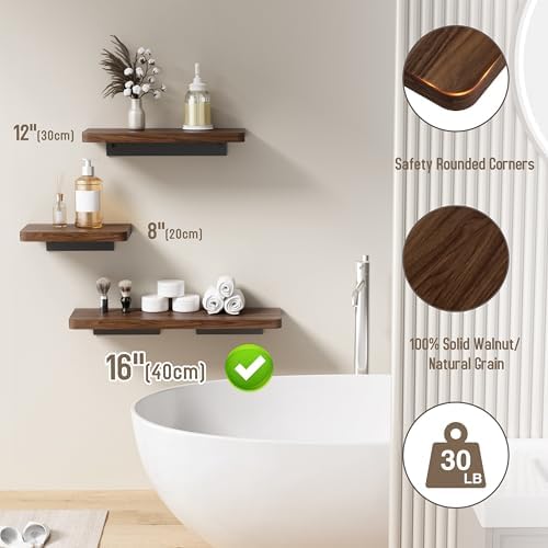 Danpoo 16 inch Solid Walnut Floating Shelf - Large, Heavy Duty Wall Shelf for Kitchen, Living Room, Bathroom, Built to H