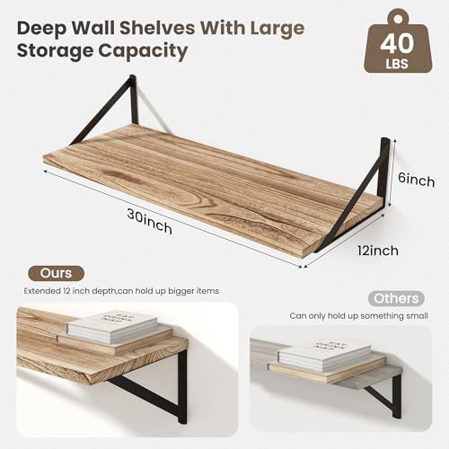 Marsmiles Deep Floating Shelves, 30'' x 12'' Light Wood Shelves Set of 2