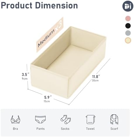 DIMJ Drawer Organizer - Small Clothes Organizer Set of 3, Drawer Dividers for Baby Clothes, Underwear, Socks, Bra, Belt, Tie - Beige