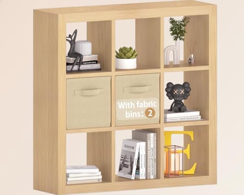 Bookshelf with Storage Bins, 9-Cube Storage Organizer Sturdy Wooden Bookcase Open Book Shelf, Multifunctional Cubicle Ra