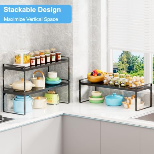 Expandable Kitchen Cabinet Shelf Organizer, Stackable Metal Storage Shelves