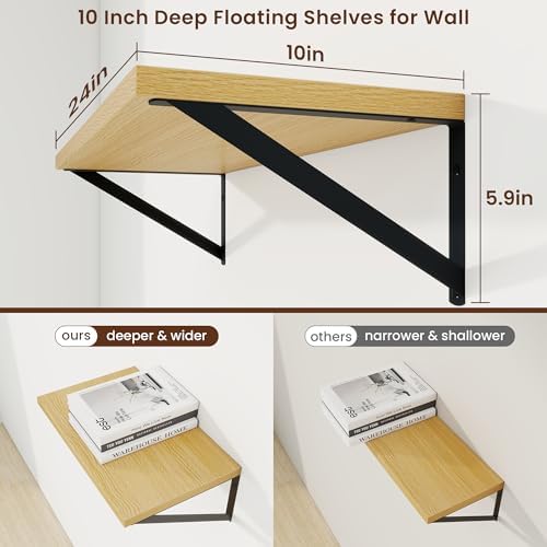Axeman Deep Floating Shelves, 24'' x 10'' Oak Wall Shelves Set of 2