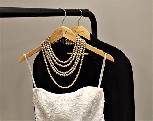 NAHANCO BG20017ENG Bridal Hanger Set, Natural Wood Hangers Engraved with (Bride and Groom), 17” (2 Piece Set)