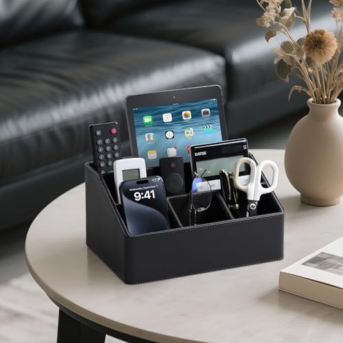 PU Leather Desk Organizer, Remote Control Holder, Black