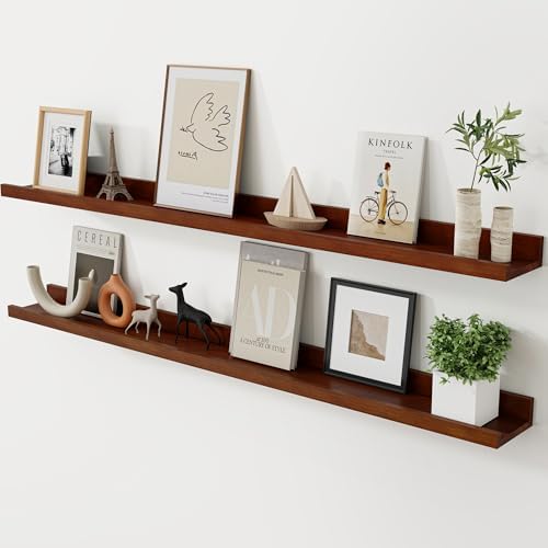 Acovy Long Floating Shelves for Wall, 48 inch Solid Wood Picture Ledge Shelf, Picture Shelf for Wall with Ledge, Floating Book Shelves for Living Room Bedroom Kitchen Nursery Decor, Walnut, Set of 2