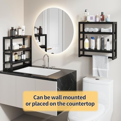 Bathroom Shelves with Hanging Bar Over Toilet Storage - Adjustable Wall Organizer (Black)