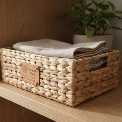 Wicker Storage Baskets for Shelves, 2 Pack, 12" x 8" x 4" | Small Woven Baskets for Organizing, Water Hyacinth Baskets, 