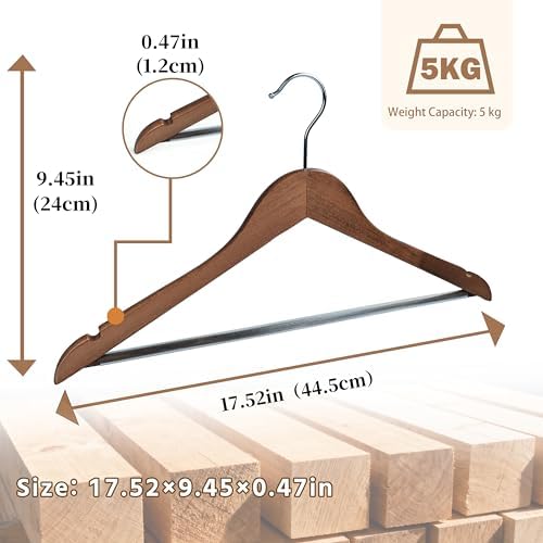 Premium Wooden Hangers 10 Pack, Solid Wood Hanger with Non Slip Pant Bar, Heavy Duty Wooden Coat Hanger, Smooth Finish Wood Clothes Hangers for Shirts, Suits, Jackets, Dress (Dark Brown)