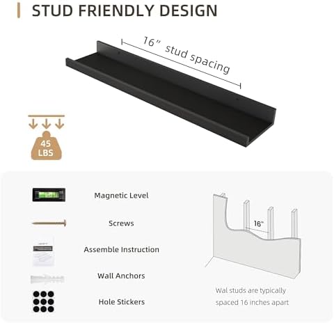 Acovy 24 inch Picture Ledge Shelf, Wood Floating Shelves Set of 4, Black