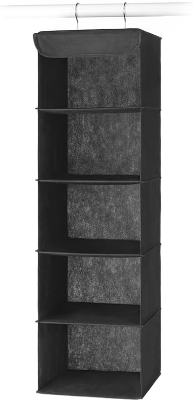 Whitmor 5 Tier Shelf Hanging Closet Organizer, Hanging Shelves with 2 Sturdy Metal Hooks,Foldable(Black)