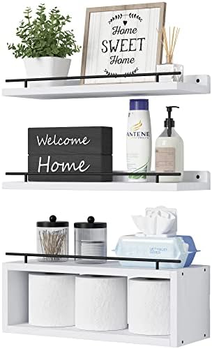 WOPITUES Floating Shelves for Wall with Cube Shelf, Wall Shelves with Metal Rail for Decor, Bathroom Organizers and Stor