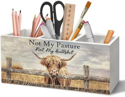 Highland Cow Pen Holder Organizer for Desk Accessories, Farmhouse Western Animal Wooden Box Sign Desk Decorations for Office School, Highland Cow Gifts for Women