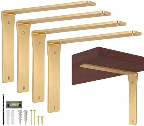 4 Pack Heavy Duty Brass Shelf Brackets 10 Inch by Balin Designs – Decorative L Bracket for Shelves, Metal Shelf Support 