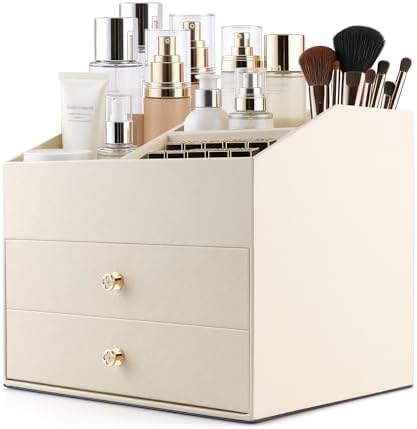 Homeanda Makeup Organizer with Drawers, PU Leather Cosmetic Storage Box Large Cosmetic Display Case for Skincare, Lipsti