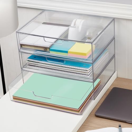 STORi STAX Plastic Stackable Organizer Drawer in Clear | 12.5-inches Wide | Organize Office Desk Accessories and Sort Letter-Size Paper | Made in USA (Pack of 3)