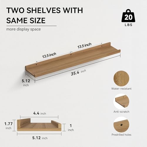 Boswillon Floating Shelves Set of 2, Long Wall Shelf with Lip, 36in, Oak