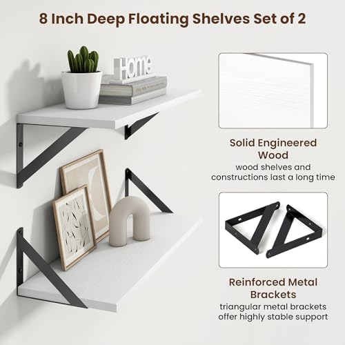 Axeman 20 Inch Floating Shelves, 8 Inch Deep White Wall Shelves Set of 2