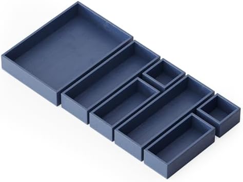 SpaceAid 7-Piece Bamboo Drawer Organizer Storage Boxes Set, Wood Tray Junk Drawer Organizers Multi-Use Divider Bins for Kitchen, Bathroom, Office Desk and Makeup Organization (7 Pack, Navy Blue)