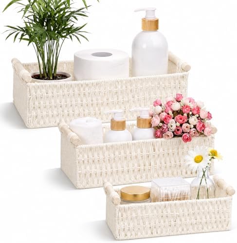 Boao 3 Pcs Boho Storage Wicker Baskets Handmade Woven Decorative Paper Rope Baskets for Organizing with Handle Counterto