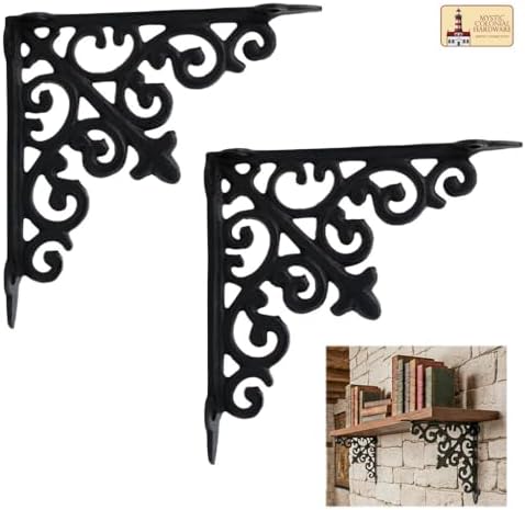 Mystic Colonial Medieval Cast Iron Victorian Scrollwork Shelf Brackets | 7-inch Heavy-Duty Wall Mount Supports with Blac