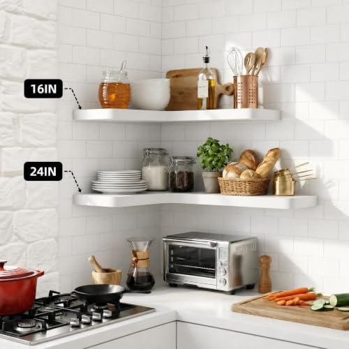 16 Inch Solid Wood Floating Corner Shelves, 3 Pack, Classic White