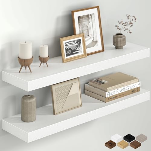 30 Inch Floating Shelves for Wall, Rustic Wood Wall Mounted Deep Storage Shelves with Invisible Brackets, Large Decorati