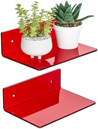 Sezanrpt 9 Inch Red Acrylic Small Wall Shelf, Home Wall Display Ledges for Storage, Room Décor, Space Saving, Items Organizer, 2 Pack