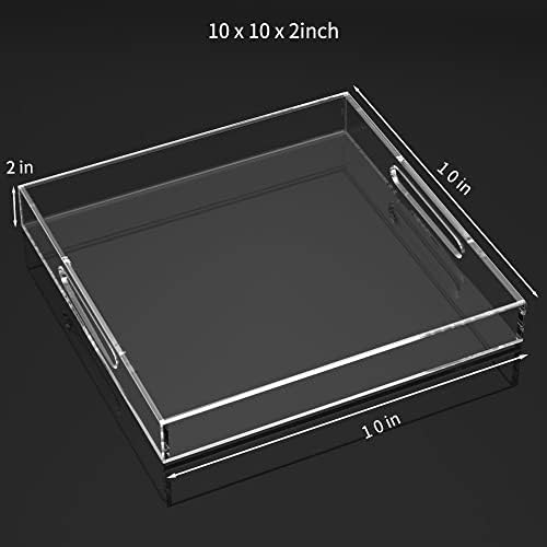 NIUBEE Acrylic Serving Tray 10x10 Inches -Spill Proof- Clear Decorative Tray Organiser for Ottoman Coffee Table Countert