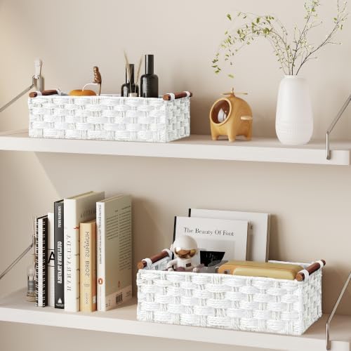 Vagusicc Wicker Storage Basket, Set of 2 Hand-Woven Paper Rope Wicker Basket for Organizing with Handle Decorative Stora